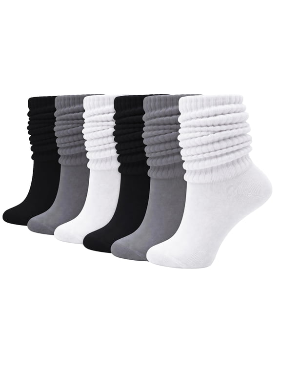 Womens Slouch Scrunch Boot Socks, 6-Pairs Retro Cushioned Knee High Soft Knit Sock Girls Casual Athletic