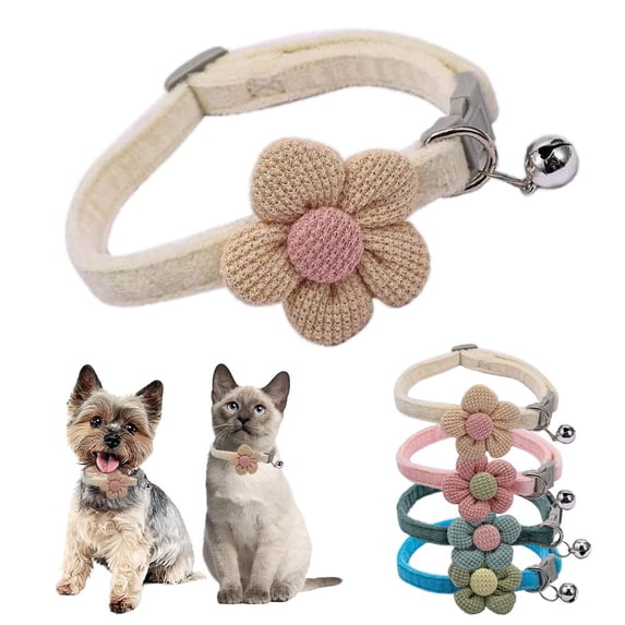 Miaocao XSmall Dog Collar with Bell,(2 Pack Pink+Beige) Cat Collar with Bells Flower Suede Girl Cute Fancy Puppy Collar with Bells for XXS XS Tiny Little Kitten Pet Female Dogs,Neck 8-12 Inch