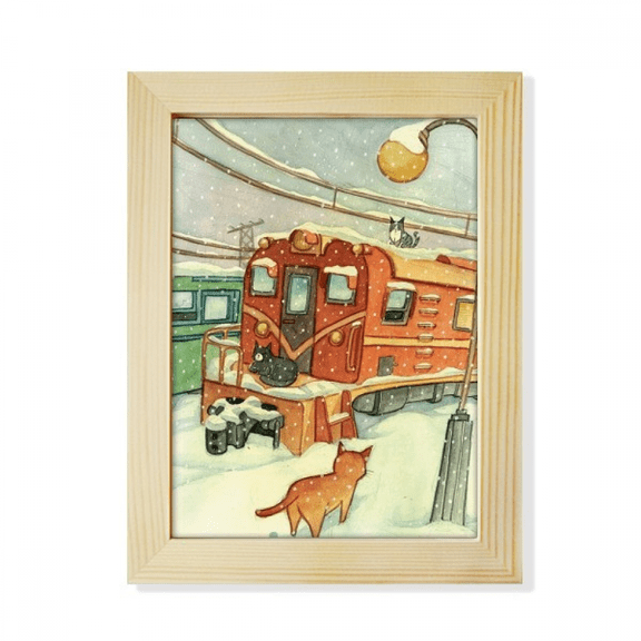 Miaoji Painting Cat Winter Snow Train Desktop Adorn Photo Frame Display Art Painting Wooden