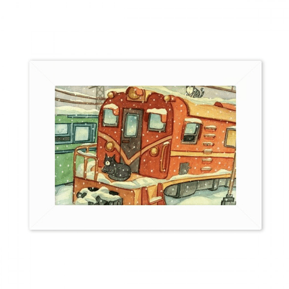 Miaoji Painting Cat Winter Snow Train Photo Mount Frame Picture Art Painting Desktop 5x7 inch