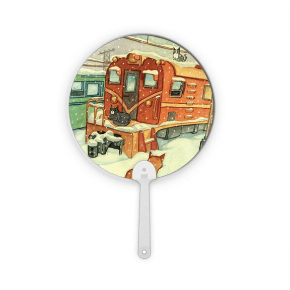 Miaoji Painting Cat Winter Snow Train Plastic Round Handheld Fan Decorations Craft