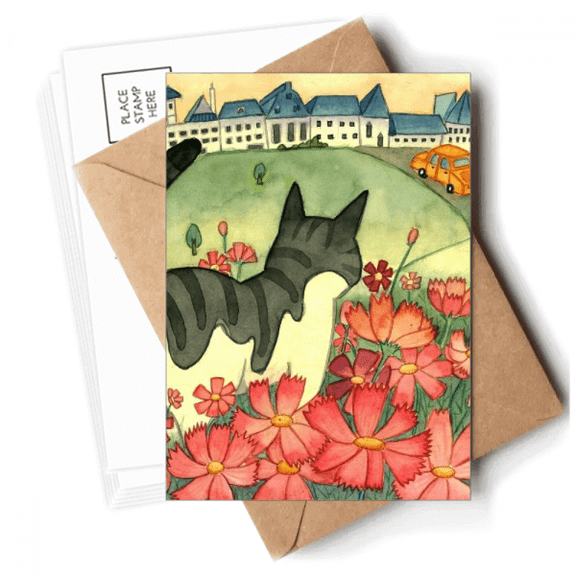 Miaoji Painting Watercolor Cat Flowers City Postcards Envelopes Blank Note Cards Mailing