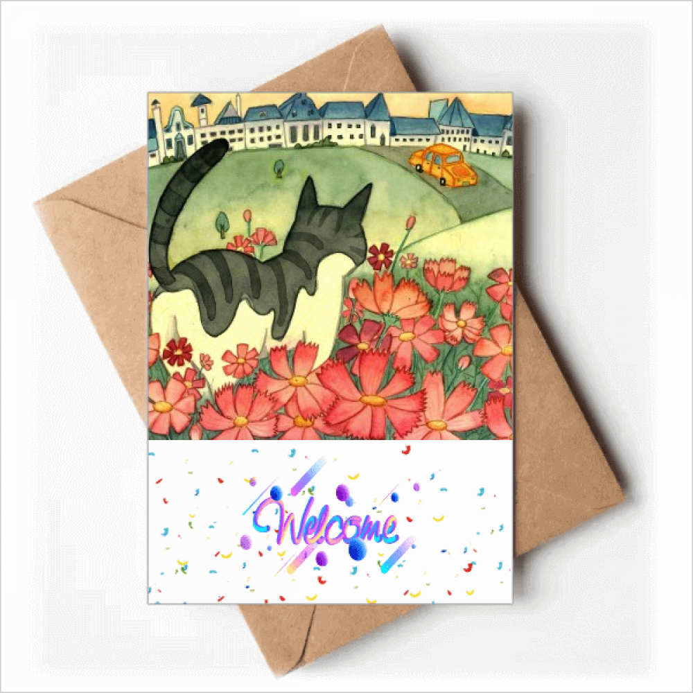 Miaoji Painting Watercolor Cat Flowers City Welcome Back Greeting Cards Envelopes Blank