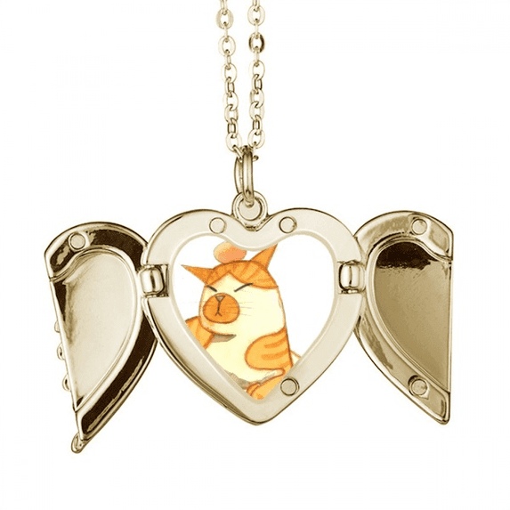 Miaoji Painting Watercolor Orange Cat Folded Wings Peach Heart Pendant Necklace
