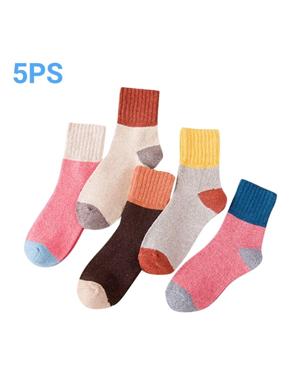5 Pairs Vintage Winter Wool Socks for Women Warm Cozy Knit Color Block Thick Boot Socks