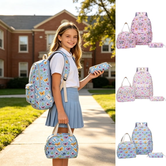 Miaoju Backpack School Bag Bookbag Teen Backpack Set Daypack with Lunch Bag and Pencil Case Red