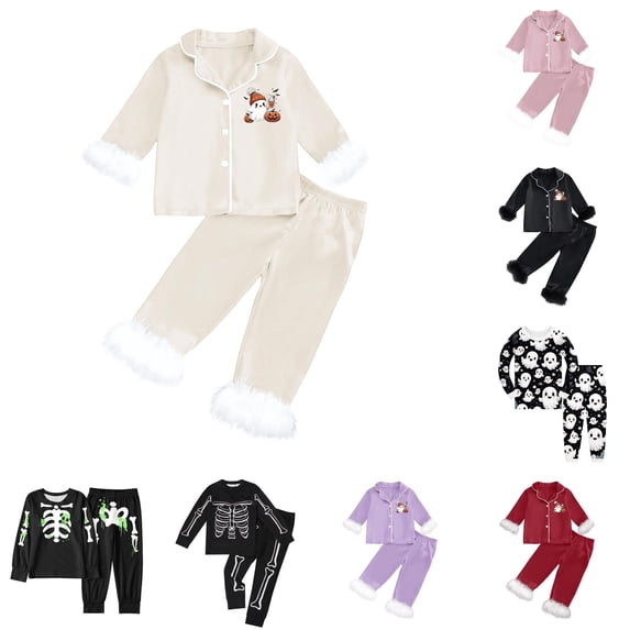 Miaoju Big Cotton Halloween Pajamas Lapel Cute Graphic Print Long Sleeve Top Pants Pajama Set Cotton Home Pajamas Set Sleepwear for