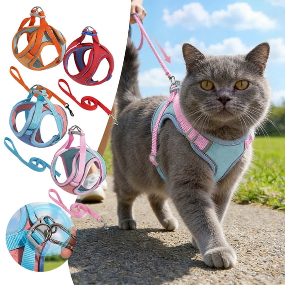 Miaoju Cat Harness and Leash Set, Escape Proof Vest, Soft Breathable Mesh, Easy Adjustable Fit, Snap Buckles, Sturdy Clip, Reflective Strips, for Small & Average Cats Walks