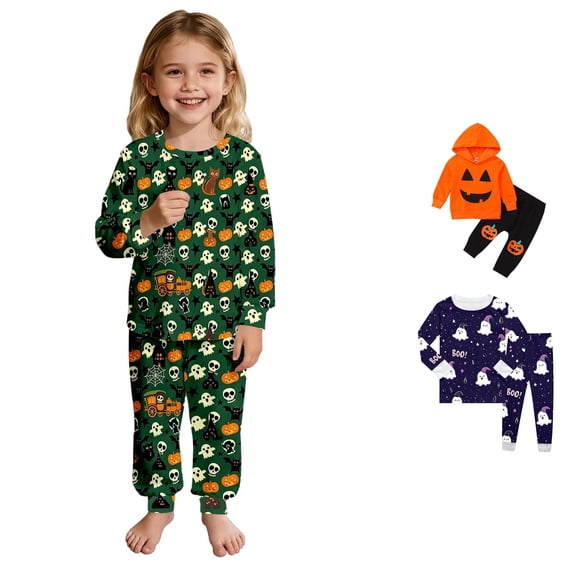 Miaoju Cotton Halloween Pajamas Pants for Pjs Ghost Print Top and Pant Set with Pockets Casual Teens' Sleepwear 2 Piece Pjs for Gifts