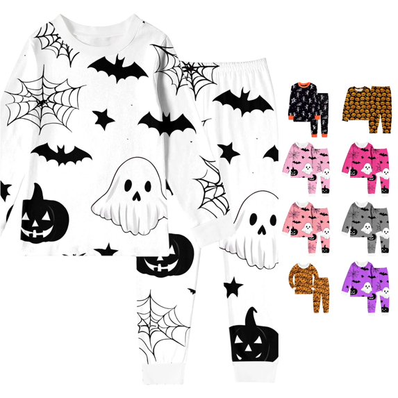 Miaoju Cotton Halloween Pajamas for 10-12 Pjs Ghost Print Long Sleeve & Long Pants Outfit Comfortable Sleepwear Nightwear Loungewear 2 Piece Pjs for