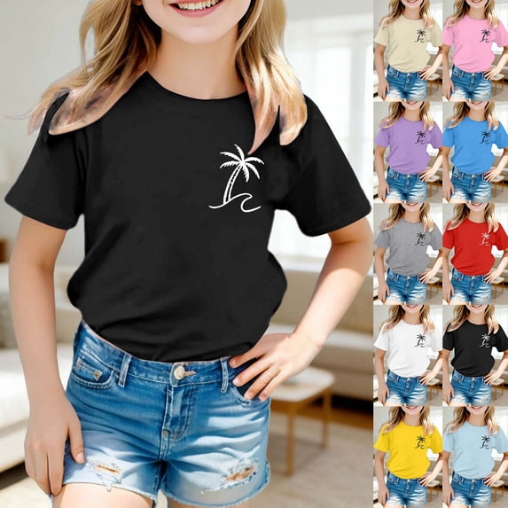Miaoju Cute Shirts for Girls Round Neck Solid Color Short Sleeve T Shirt Top Funny Tee Tops Kids Summer Clothing