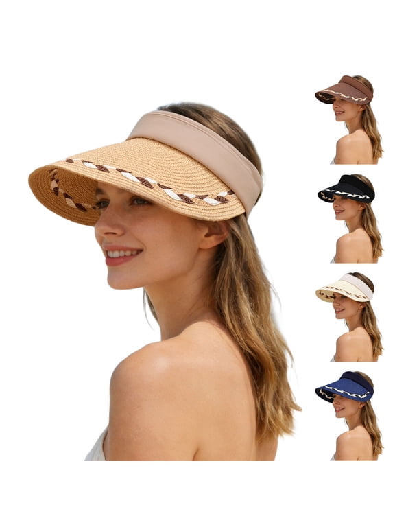 Fashion Sun Hats Visor for Women, Straw Beach Hat Adjustable Wide Brim Ponytail Packable for Summer Travel UPF 50+