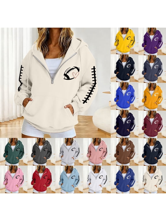 Game Day Quarter Zip Hoodies for Women Casual Graphic Y2k Football Sweatshirt with Pocket Hooded, , Cozy, with Pocket
