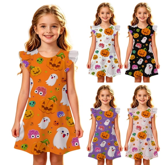 Miaoju Girls Halloween Swing Dress Flutter Ruffle Sleeve Pumpkin Ghost Skull Print Twirly Dress Cute Kids Playwear for Party and Daily Wear