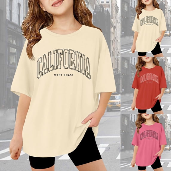 Miaoju Girls Oversized Tshirts Round Neck Letter Graphic Printed Short Sleeve Tee for Toddler Funny Summer Tops Girls Summer Tops T-Shirts
