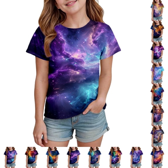 Miaoju Girls Shirts Size 10-12 Round Neck Colorful Short Sleeve T Shirt Cotton Tee Tops Kids Summer Clothing