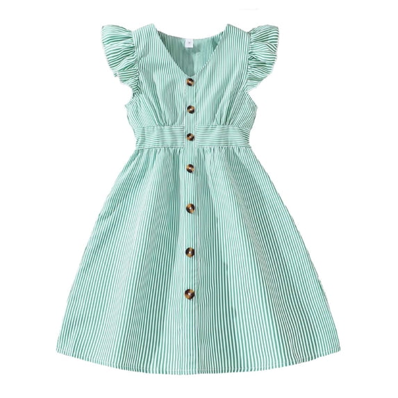 Miaoju Girls Summer Dress Size 10-12 Years Flutter Sleeve Dresses V-neck Solid Color Button Placket Clothes