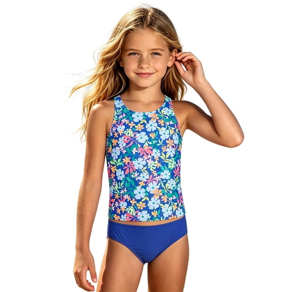 Miaoju Girls Swimsuit 2 Piece Bathing Suit Contrast Girls Tankini Adjustable Straps Modest Swimwear 9-16y