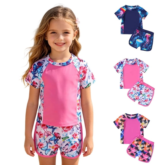Miaoju Girls Two Piece Swimsuit Floral UPF 50+ Rash Guard Set Kids Beach Swimwear