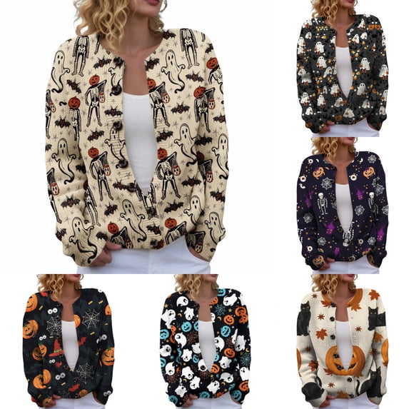 Miaoju Halloween Cozy Knit Cardigan for Adults V Neck Sweater with Graphic Print for Seasonal Wear