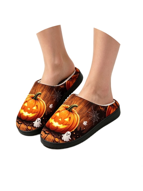 Halloween Slippers for Adults Plush Footwear with Spooky Graphic for Cold Season Indoor Wear