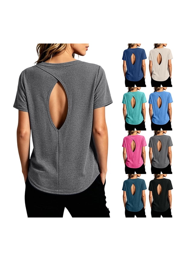 Open Back Workout Tops for Women Short Sleeve Yoga Pilates Outfits Athletic Gym Shirts Fitness Clothing Summer 2026