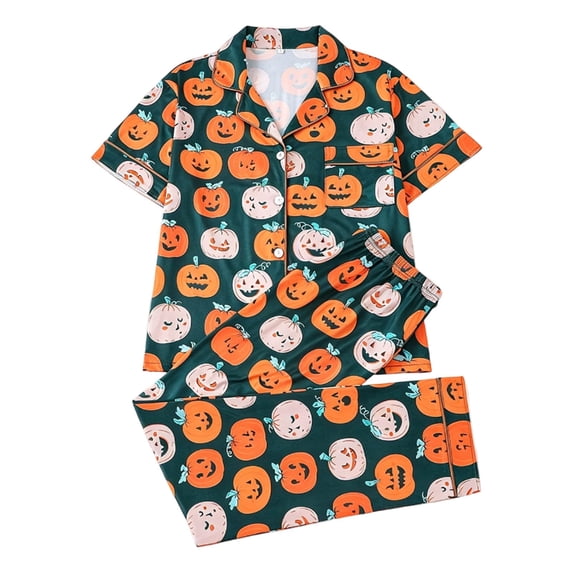 Miaoju Pajama Set for Women 2 Piece Round Neck Button Down Silk Pjs Halloween Lounge Set Homewear Pajama Set