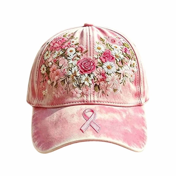 Miaoju Pink Ribbon Cancer Awareness Hat Floral Print Baseball Cap Adjustable Fit Women Support Awareness Cap