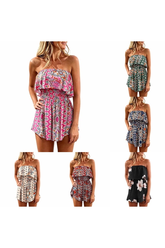 Rompers for Women Off Shoulder Romper Strapless Floral Print Striped Beach Shorts Jumpsuit
