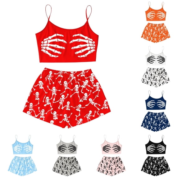 Miaoju Spooky Women Themed Sleepwear with Sleeveless Bodice and Loose Halloween Shorts for Pumpkin Carving Nights and Warm Cuddle Time at Home