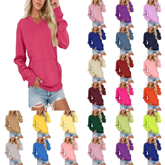 Miaoju Sweatshirt for Women V-Neck Lightweight Comfy Long Sleeve Pullover Tops with Kangroo Pocket, Casual Daily Wear & Work Fall Spring Outfits