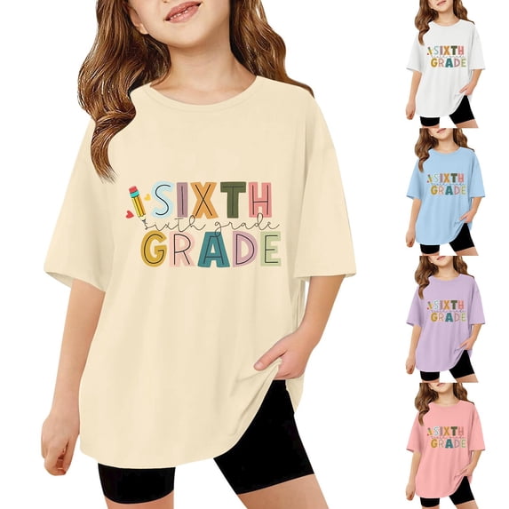 Miaoju T Shirts for Girls Crew Neck Letter Graphic Printed Short Sleeve T Shirts Comfy Pullover Tops Summer Clothes for Girls