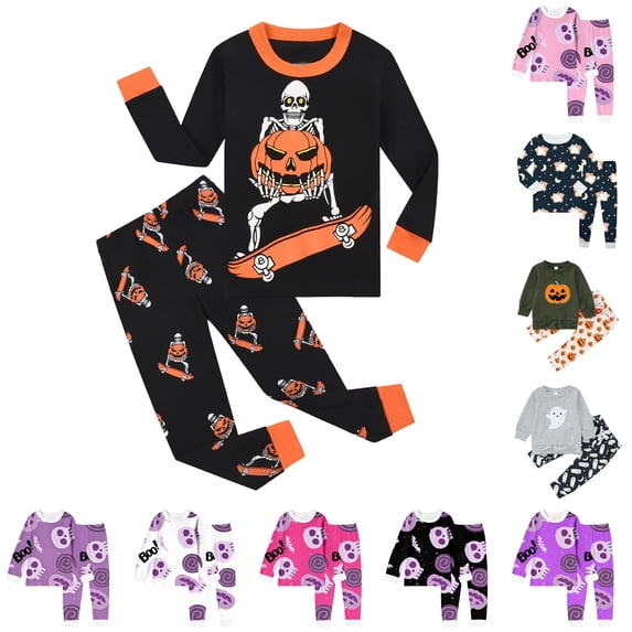 Miaoju Cotton Halloween Pajamas Set Lapel Ghost Print Top and Pant Casual Sleepwear with Pockets Loose Teens' Sleepwear 2-Piece Sleepwear Pjs for