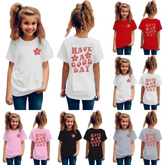 Miaoju Girl Shirts Round Neck Letter Print Short Sleeve T-Shirt Comfortable Preppy Tops Tee for Toddler & Kids