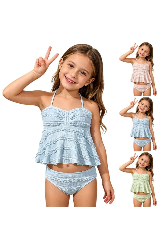 Girls Swimsuit Tiered Flounce Bathing Suit Hanging Neck Bikini Sets Sporty Beach Outfits for Pool Vacation