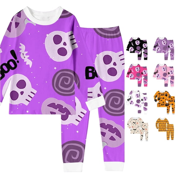 Miaoju 2 Piece Halloween Pajamas Set Ghost Print Long Sleeve & Long Pants Outfit Soft Sports Top Two-Piece Pj Sleepwear Sets