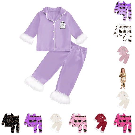 Miaoju Cotton Halloween Pajamas Size 10-12 Ghost Print Long Sleeved Top Cotton 2 Piece Nightwear 2 Piece Pjs for Gifts