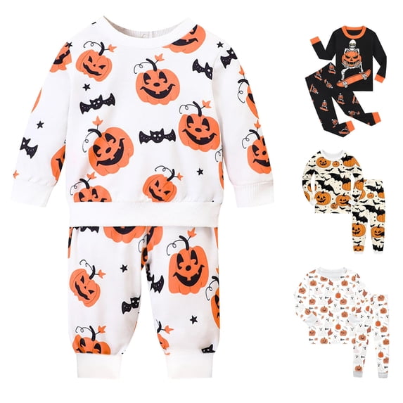 Miaoju Cotton Halloween Pajamas Size 10 Top Ghost Print Long Sleeve & Long Pants Outfit Comfy Home Outfit Set 2 Piece Cotton Pajama Outfits