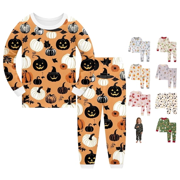 Miaoju Cotton Halloween Pajamas Size 6 Pumpkin Print Long Sleeve & Long Pants Outfit Trendy Home Clothes 2 Piece Loungewear