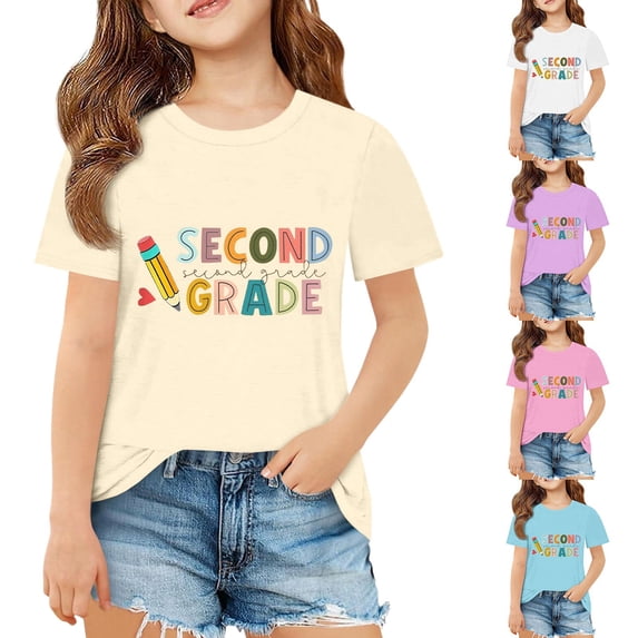 Miaoju Toddler Girl Shirts 3t Crewneck Letter Graphic Printed Short Sleeve T-Shirt Comfy Funny Tees Tee for Toddler & Kids
