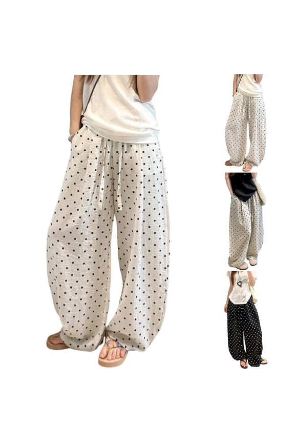Wide Leg Pants Women Polka Dots Palazzo Pants Elastic Waist Casual Cropped Trousers with Pockets