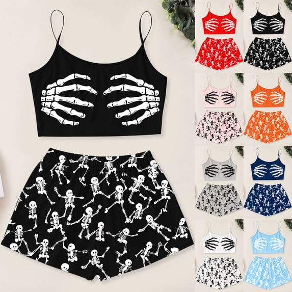 Miaoju Women Halloween Plus Size Pajamas Skeleton Hand Graphic 2 Piece Print Pajama Set Sleeveless Spaghetti Strap Summer Print Casual Lounge Set