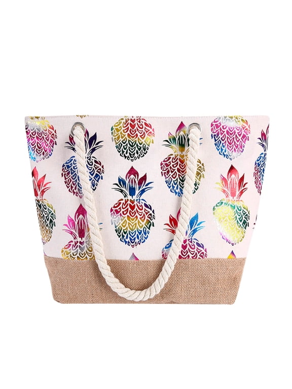 Women Shoulder Bag Hot Fashion Metallic Pineapple Print Canvas Summer Vacation Beach Shoulder Bag Women Rope Casual Handbag for Travel and Commuting