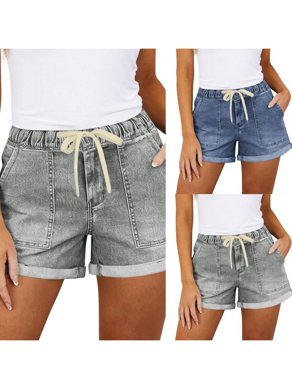 Women's Elastic High Waisted Jean Shorts Summer Ripped Cut Off Denim Shorts Cuffed Mid Thigh Short Jeans
