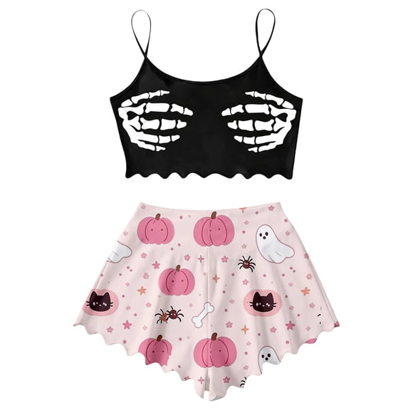 Miaoju Womens Halloween Loungewear Set Tank Top And Shorts Pajama Set Featuring Spooky Print In Pink Size XL Comfortable Sleepwear For Cozy Home