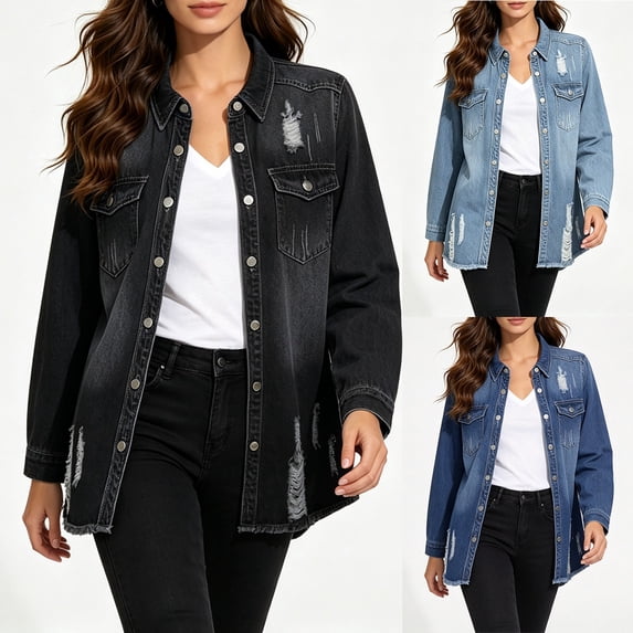 Miaoju Womens Jean Jacket 2026 Basic Trendy Long Sleeve Denim Jackets Button Down Fitted Western Coat with Pockets, BU2 XL