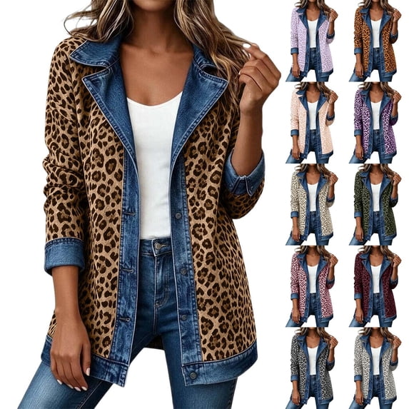 Miaoju Womens Leopard Denim Patchwork Collared Shirt Jacket Casual Long Sleeve Button Front Denim Blazer Lightweight Shacket