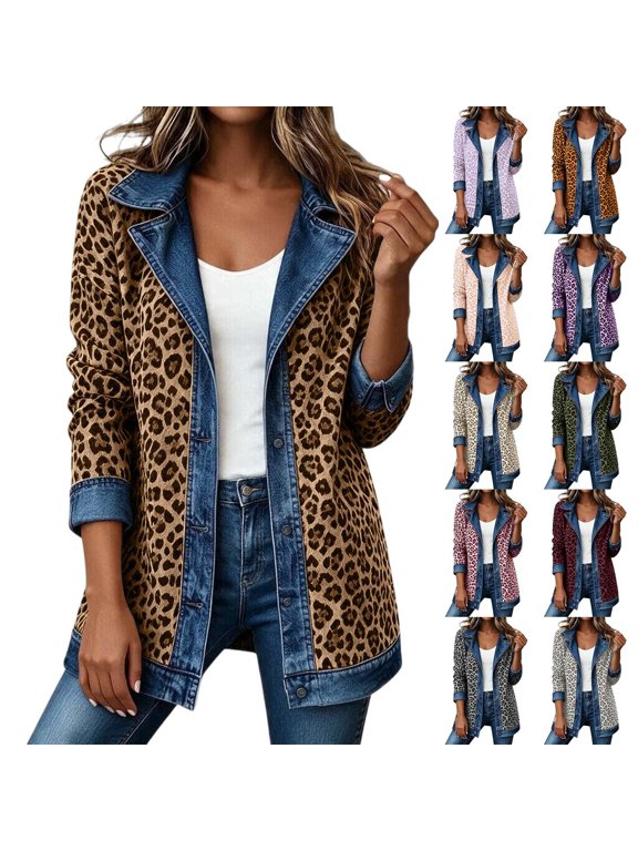 Womens Leopard Denim Patchwork Collared Shirt Jacket Casual Long Sleeve Button Front Denim Blazer Lightweight Shacket