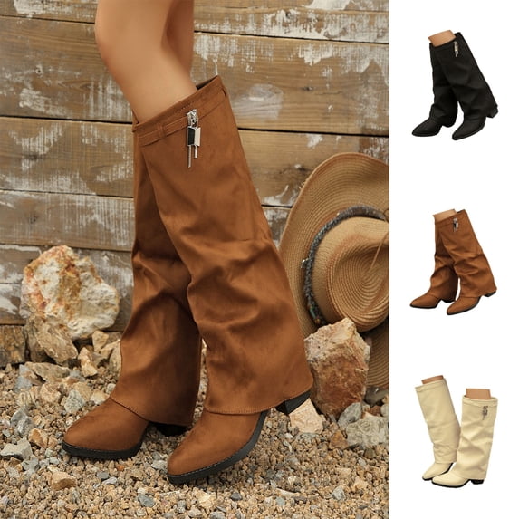Miaoju Womens Mid Calf Boots Leather Fold Over Knee High Boots Heel Long Booties Pointed Toe Dress Tall Boot Slouchy Sark Boot Fashion Dressy Shoe