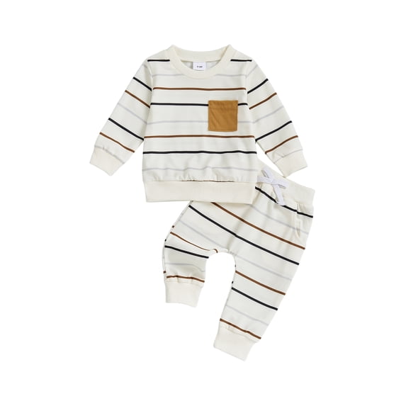 Miaouyo 0-3T Toddler Baby Boys Autumn 2Pcs Clothing Sets Long Sleeve O Neck Striped Tops Drawstring Pants Sets